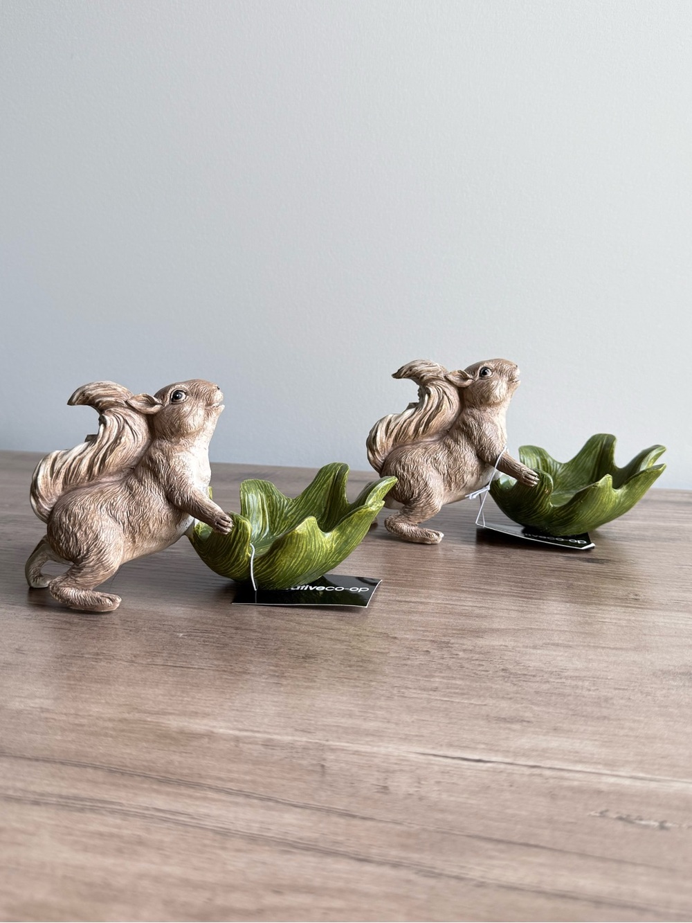 Brown Bunny Figurine with Green Leaf Dish — Decorative Home Accent